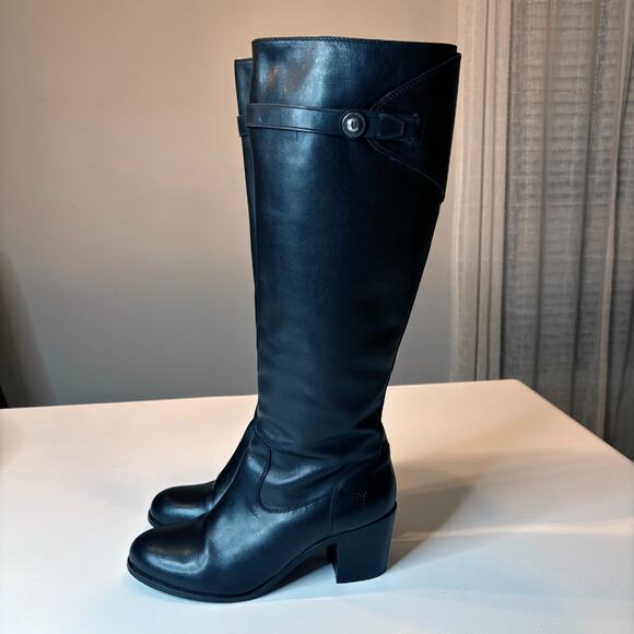 Frye Malorie Button Tall Knee High Black Leather Boots Size 10 Zip Riding Heel - Picture 4 of 14